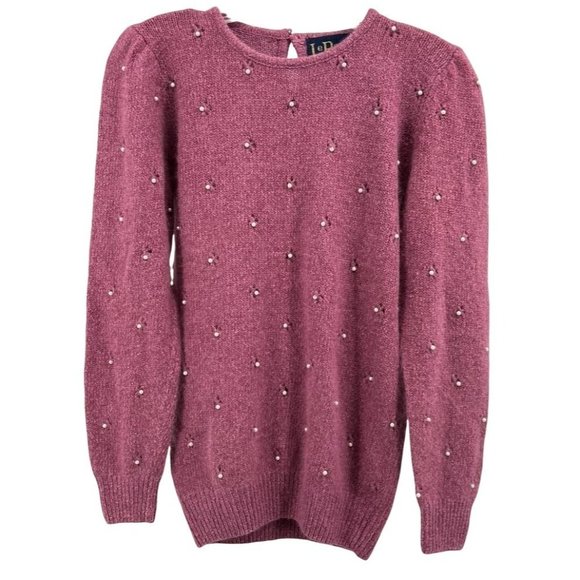 VINTAGE 80's LeRoy Knitwear Silk Angora Sweater Puff Shoulder sewed Pearl M Rose - Picture 1 of 7